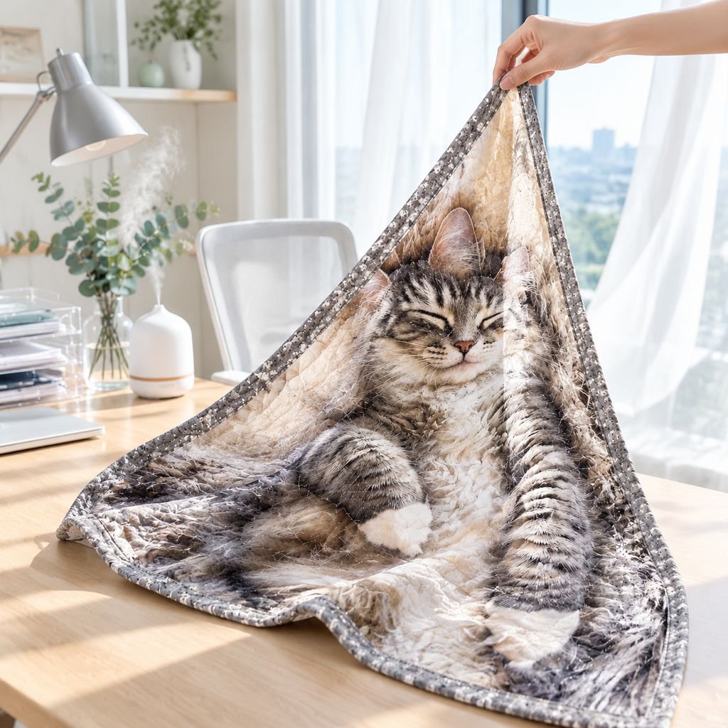 軽量で持ち運びやすい猫柄ブランケットを手に持つ様子