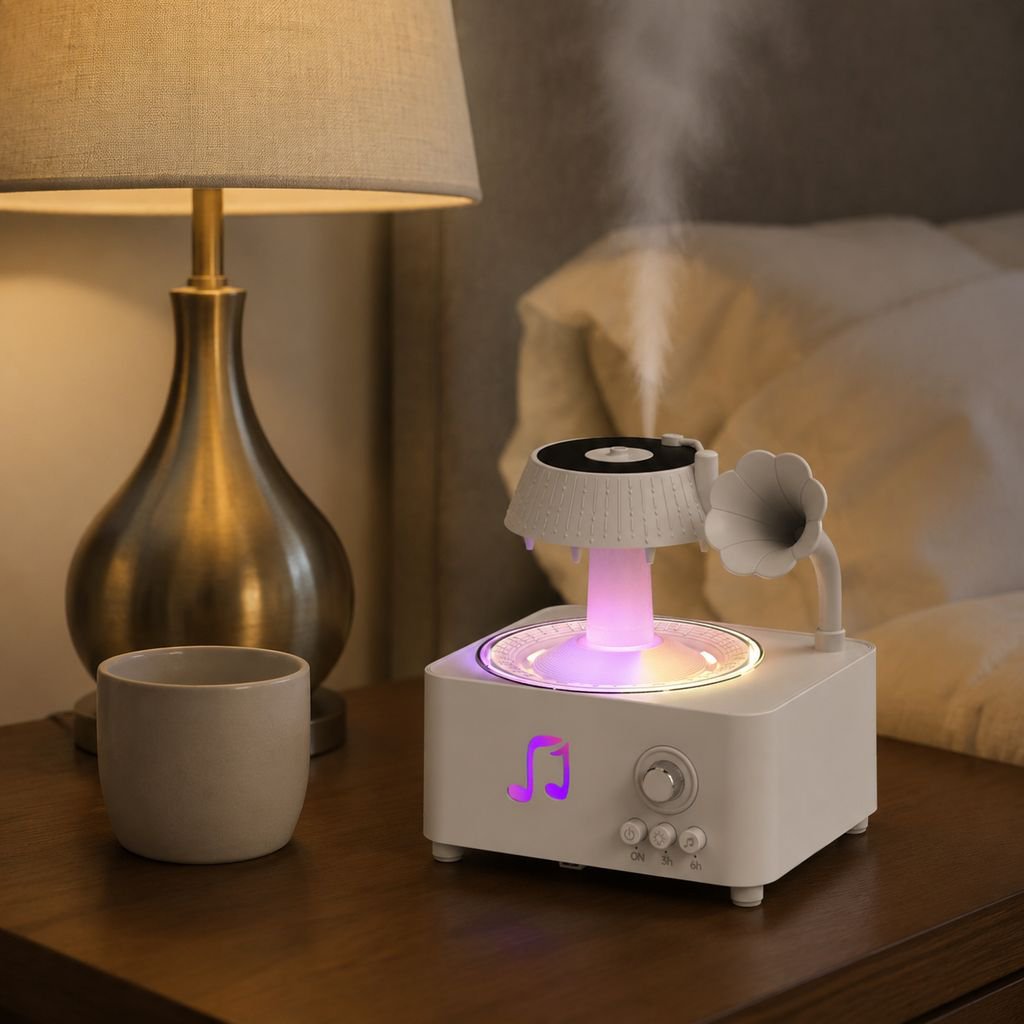 Difusor de aceites esenciales con luz de siete colores, control remoto y diseño de gramófono retro