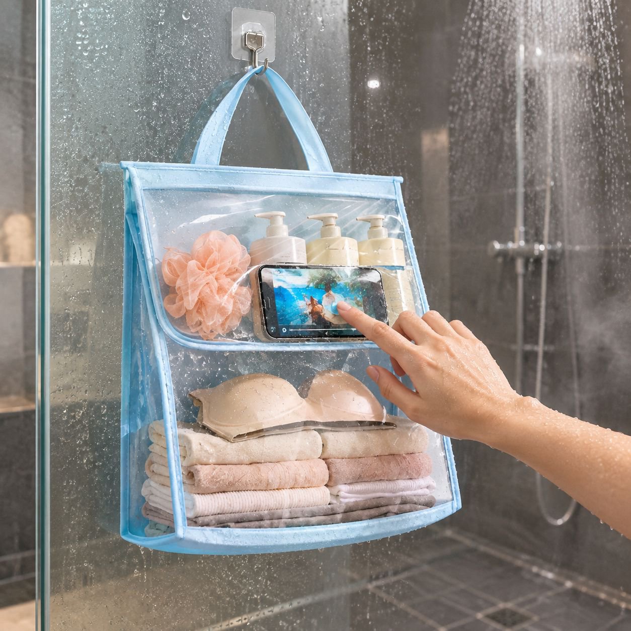 Transparent waterproof bathroom storage hanging bag, toilet shower and clothing storage bag, layered