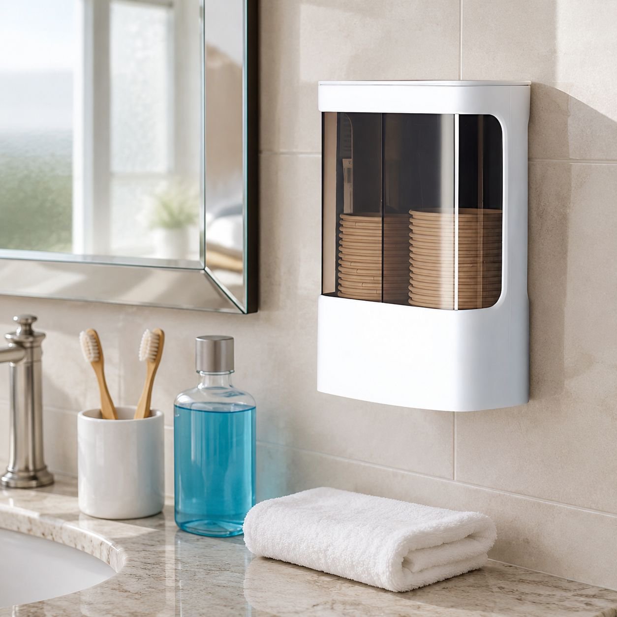 Double tube wall-mounted dustproof paper cup dispenser front view