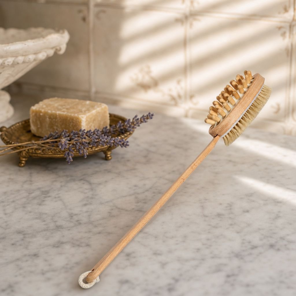 Brosse de bain double face en poils de porc avec long manche