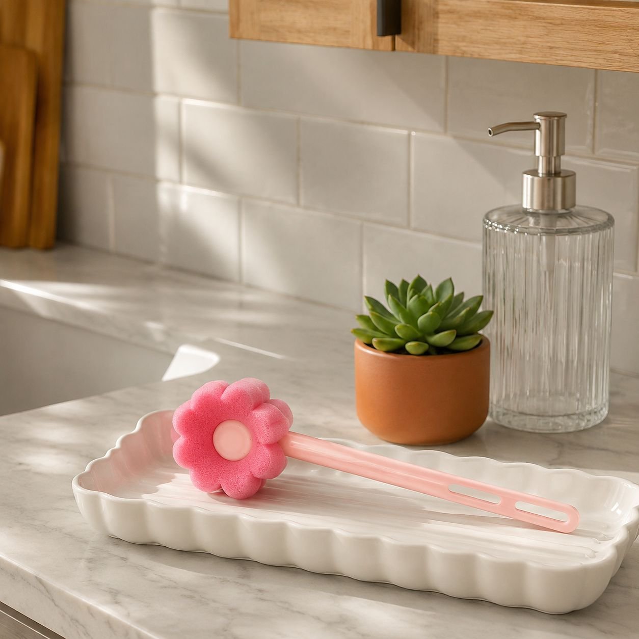 Pink kitchen scrub brush for plates and pans
