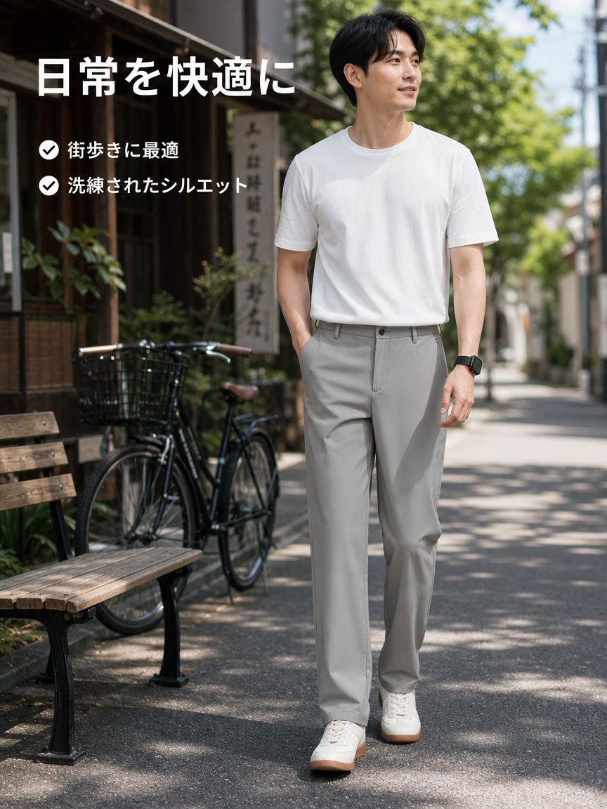 春夏新作 ナイロンストレッチ接触冷感メンズパンツ