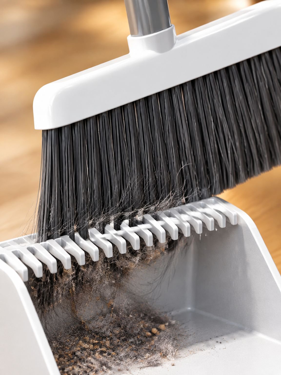 Close-up of the foldable broom head with wide cleaning area