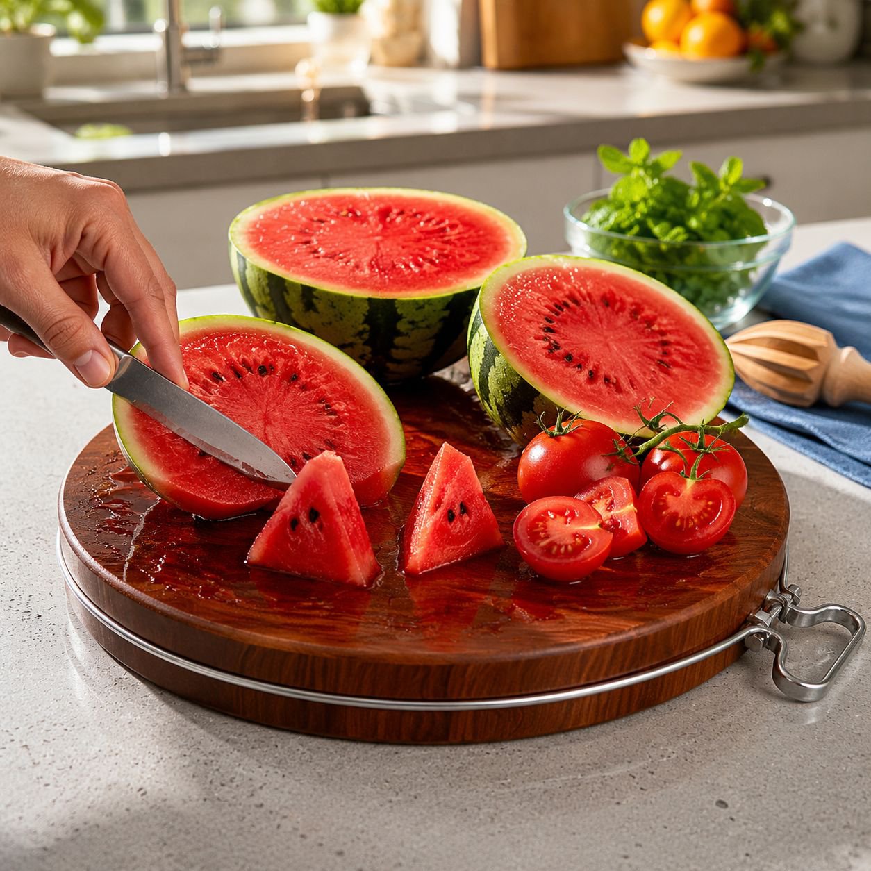 Chef slicing vegetables on round wooden cutting board