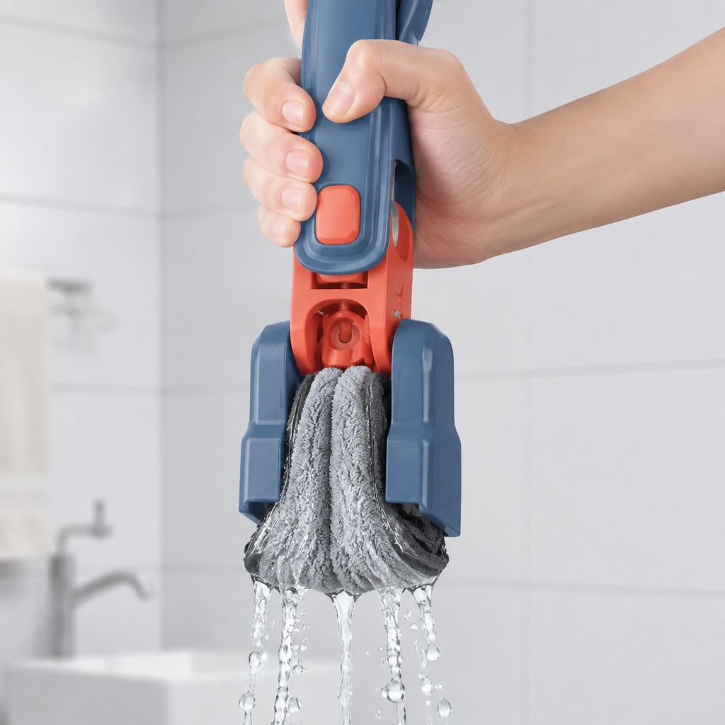 Microfiber head of the extendable glass cleaner in use