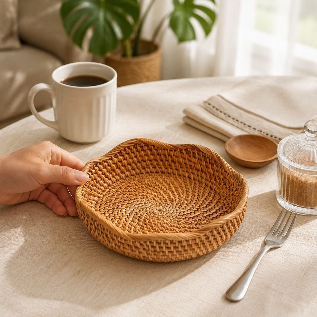 Cesta de almacenamiento de ratán sobre mesa de madera