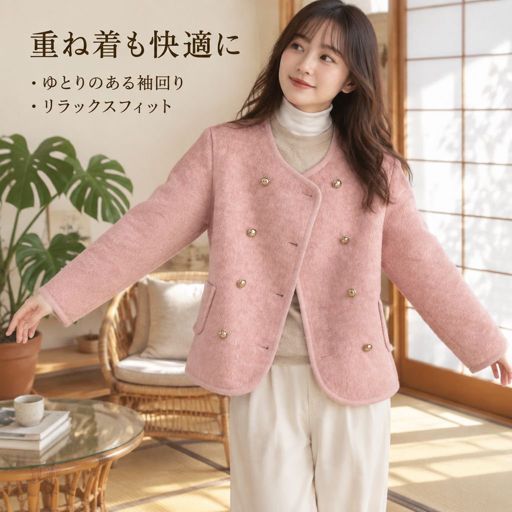 レディース ツイード調 ノーカラージャケット ダブルブレスト 大きいサイズ アウター