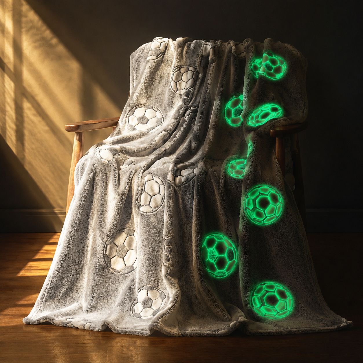 Gift-ready soccer blanket glowing in the dark