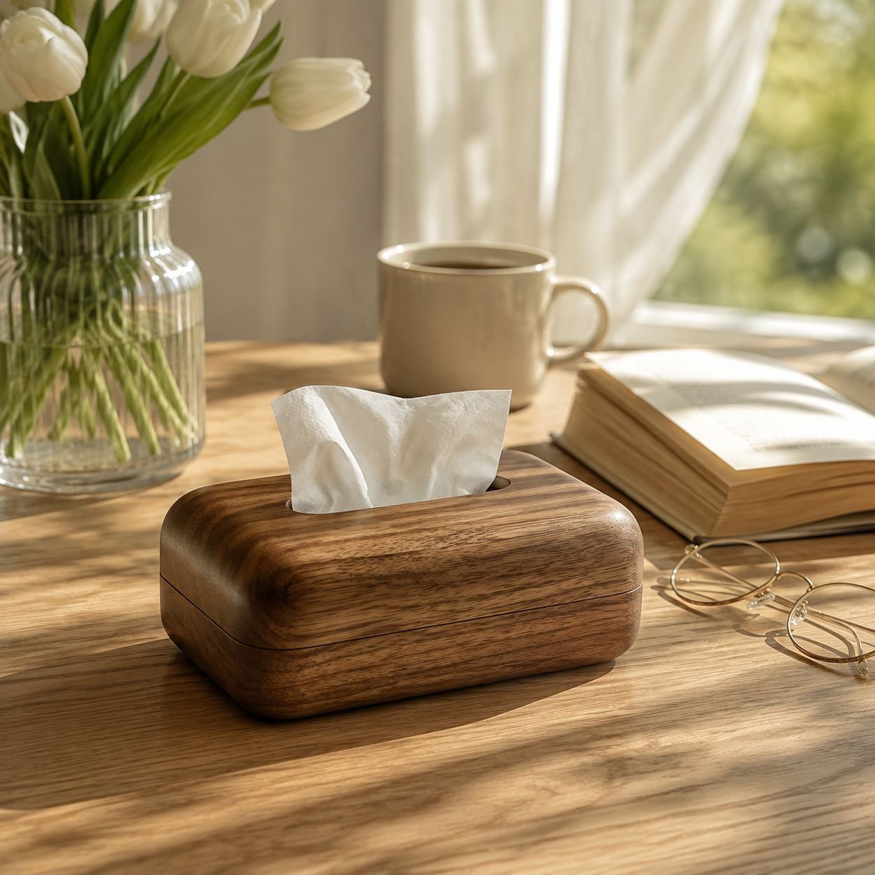 Premium South American walnut tissue box detail