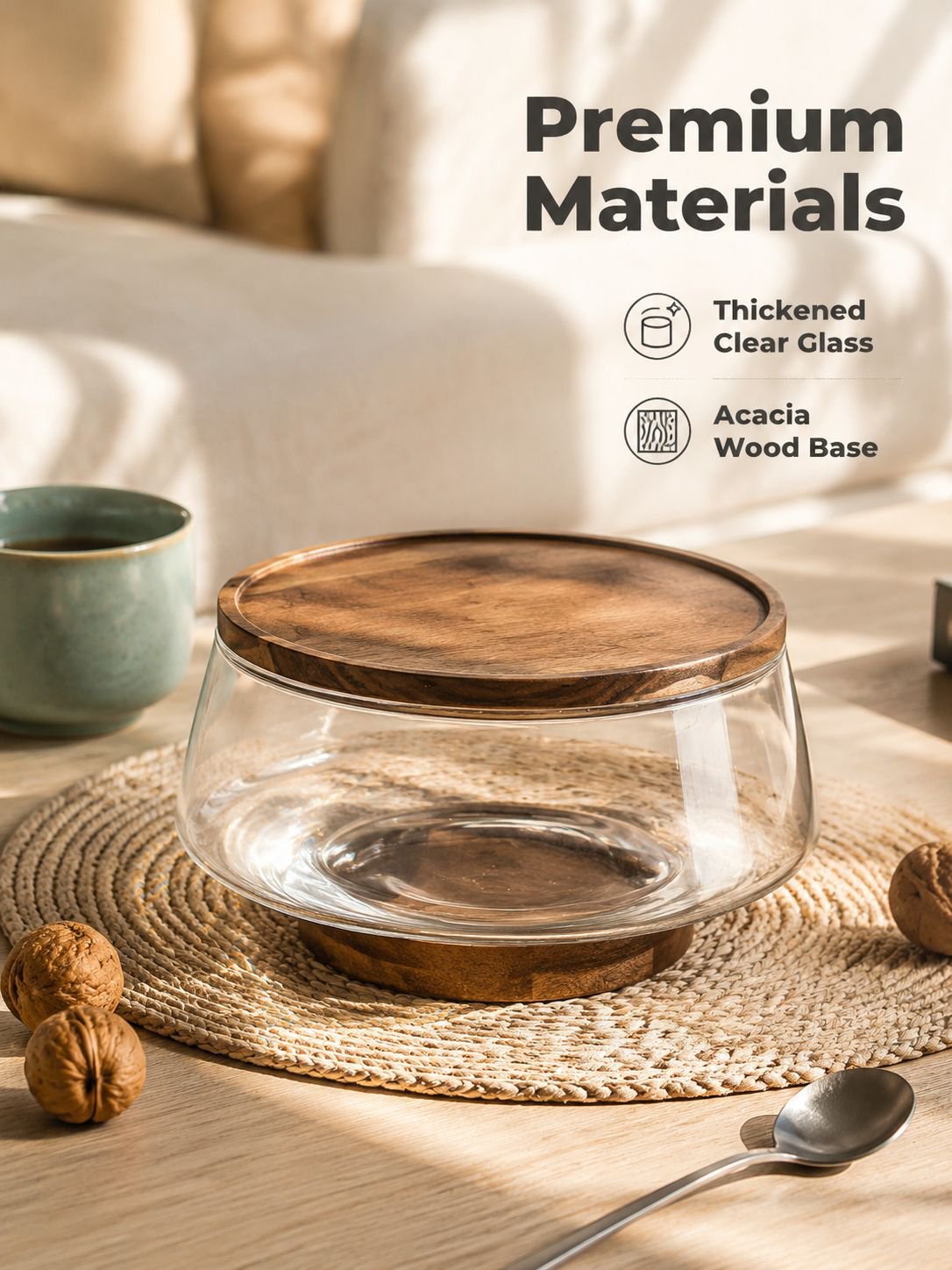 Glass Fruit Plate with Fork and Wooden Lid Tableware