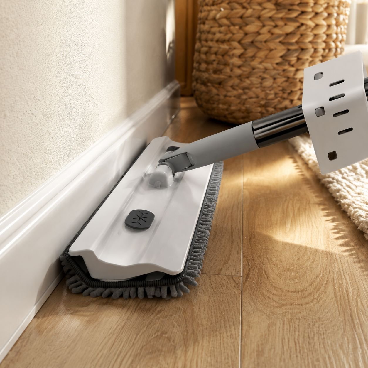 Mop with ergonomic handle and easy wringing