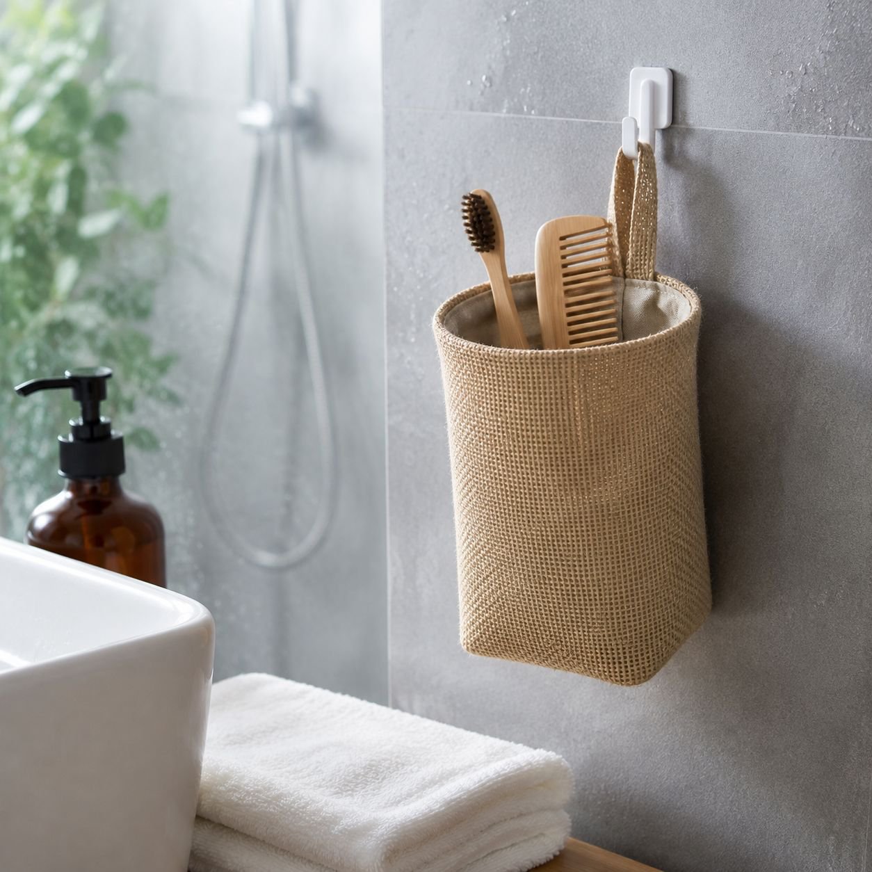 Cotton and linen storage hanging bags for hanging behind doors, on walls, and on desktops; jute stor