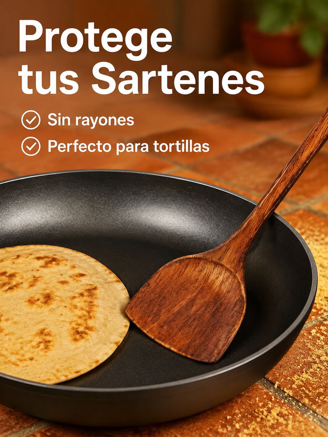 Vista superior de una espátula de madera ideal para preparar alimentos en la cocina
