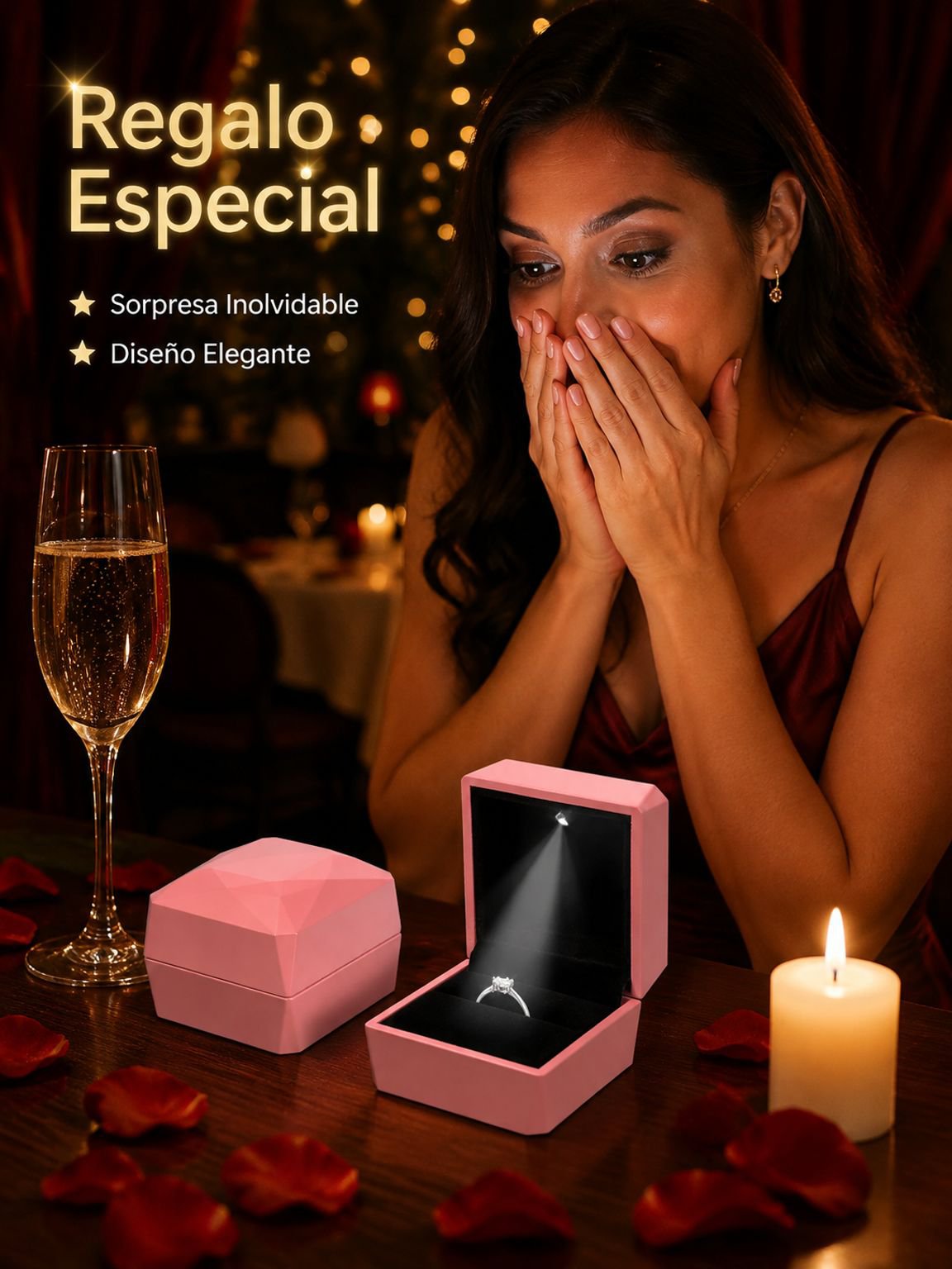 Estuche para joyas con LED y superficie facetada tipo diamante, caja para anillo y colgante