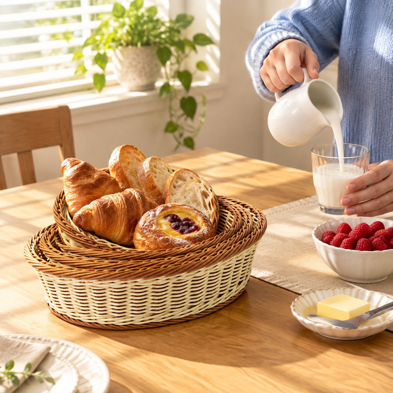Side view of the spacious Imitation Rattan Bread Basket holding bread