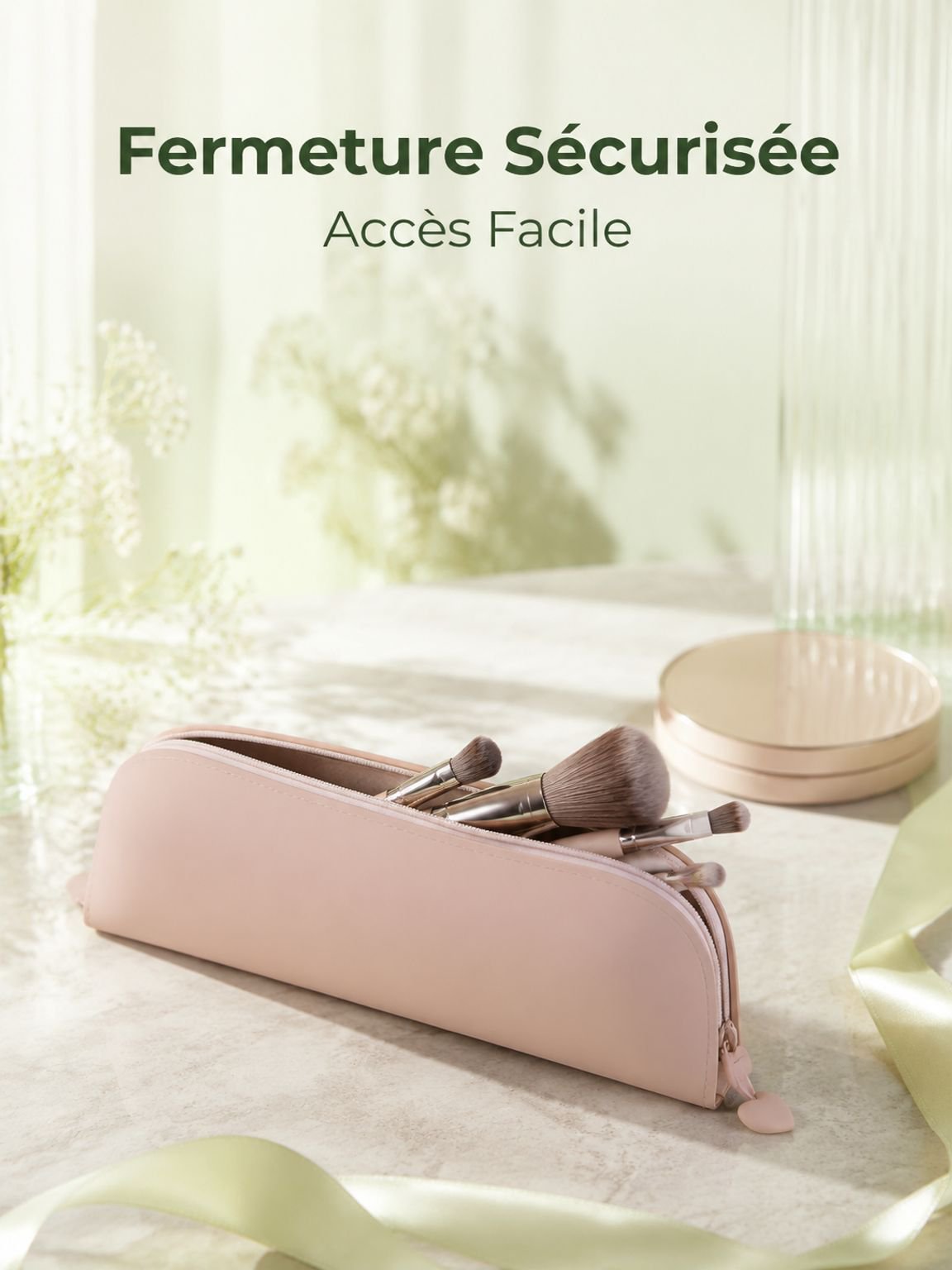 Pochette à pinceaux de maquillage en silicone imperméable avec fermeture éclair, portable