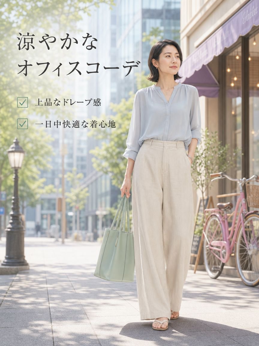 夏用薄手ドレープ感ワイドルーズ通勤通気ロングパンツ