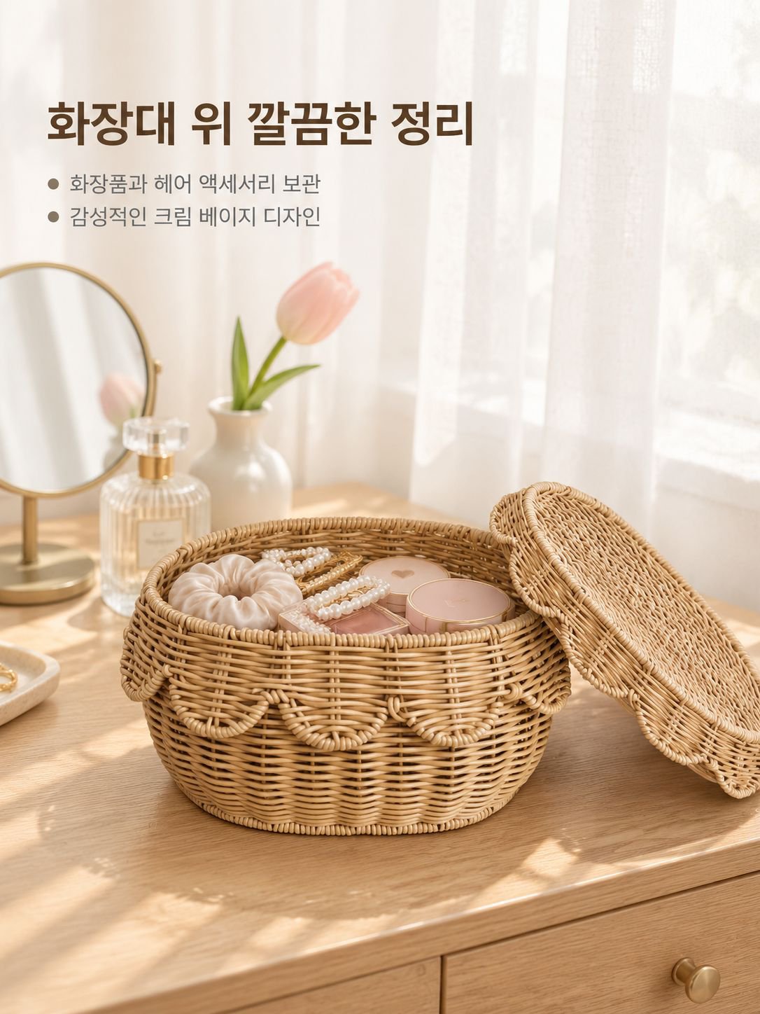 뚜껑이 있는 라탄 수납 바구니