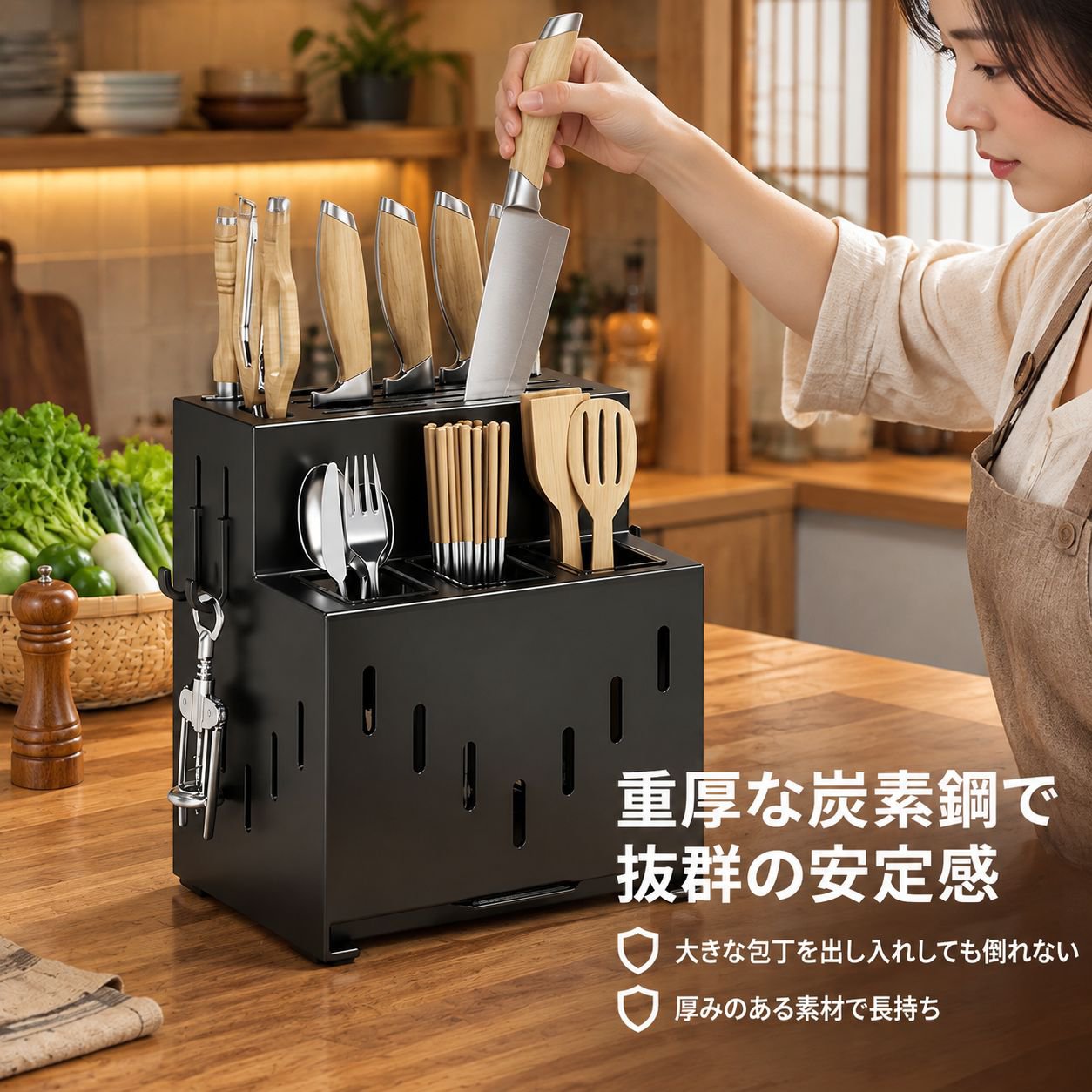 穴あけ不要の壁掛け式キッチンカウンター用炭素鋼製包丁・箸ラック
