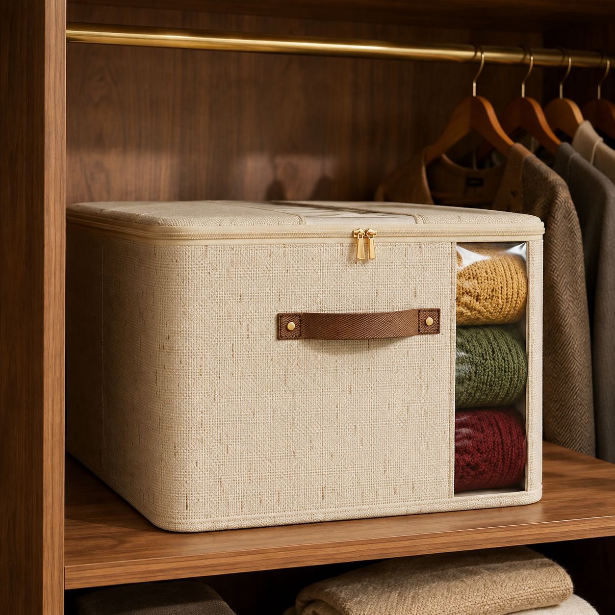 Large Home Fabric Quilt Organizer Double-Window Zipper Storage Box