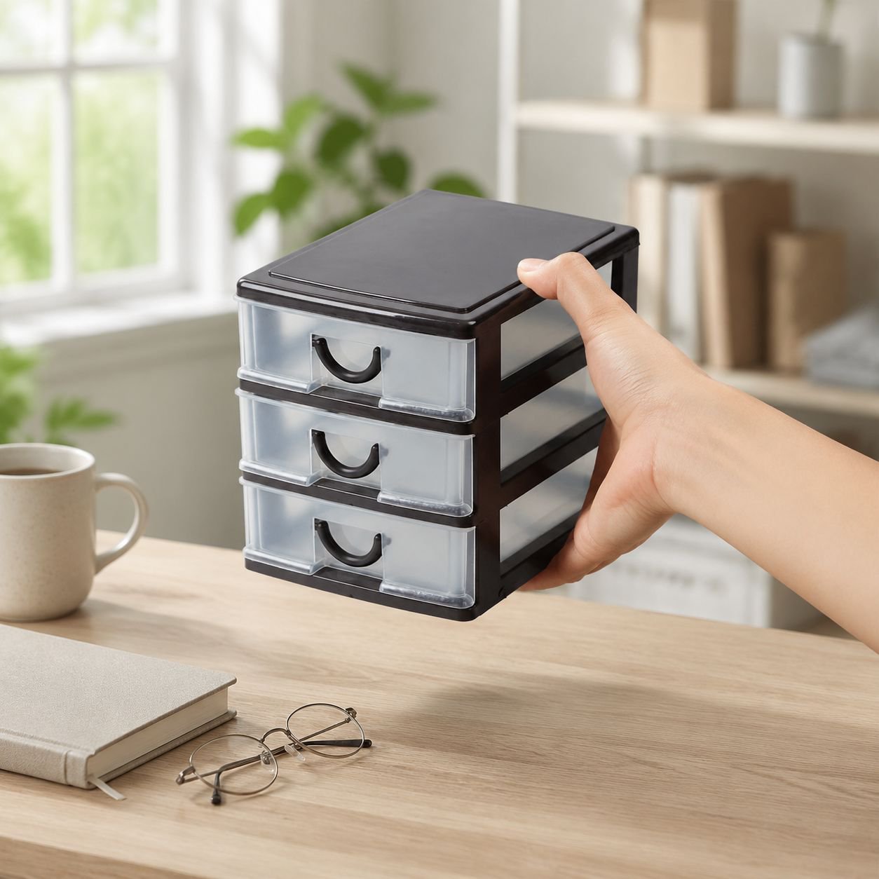 Organizador de papelería pequeño con accesorios dentro del cajón