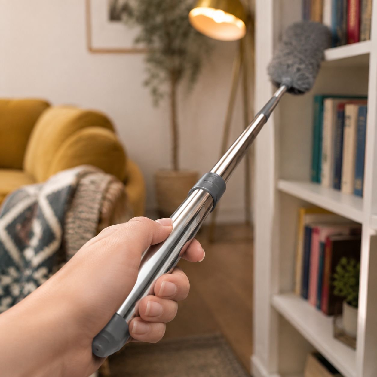 Dust remover tool cleaning tight space beside refrigerator