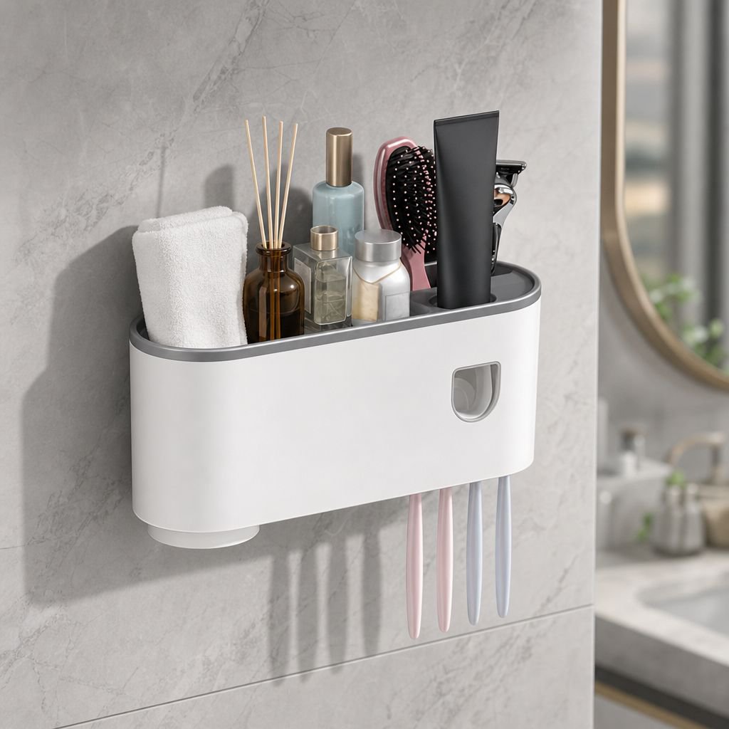 Wall-mounted Toothpaste Squeezer with Magnetic Mouthwash Cup Storage Rack