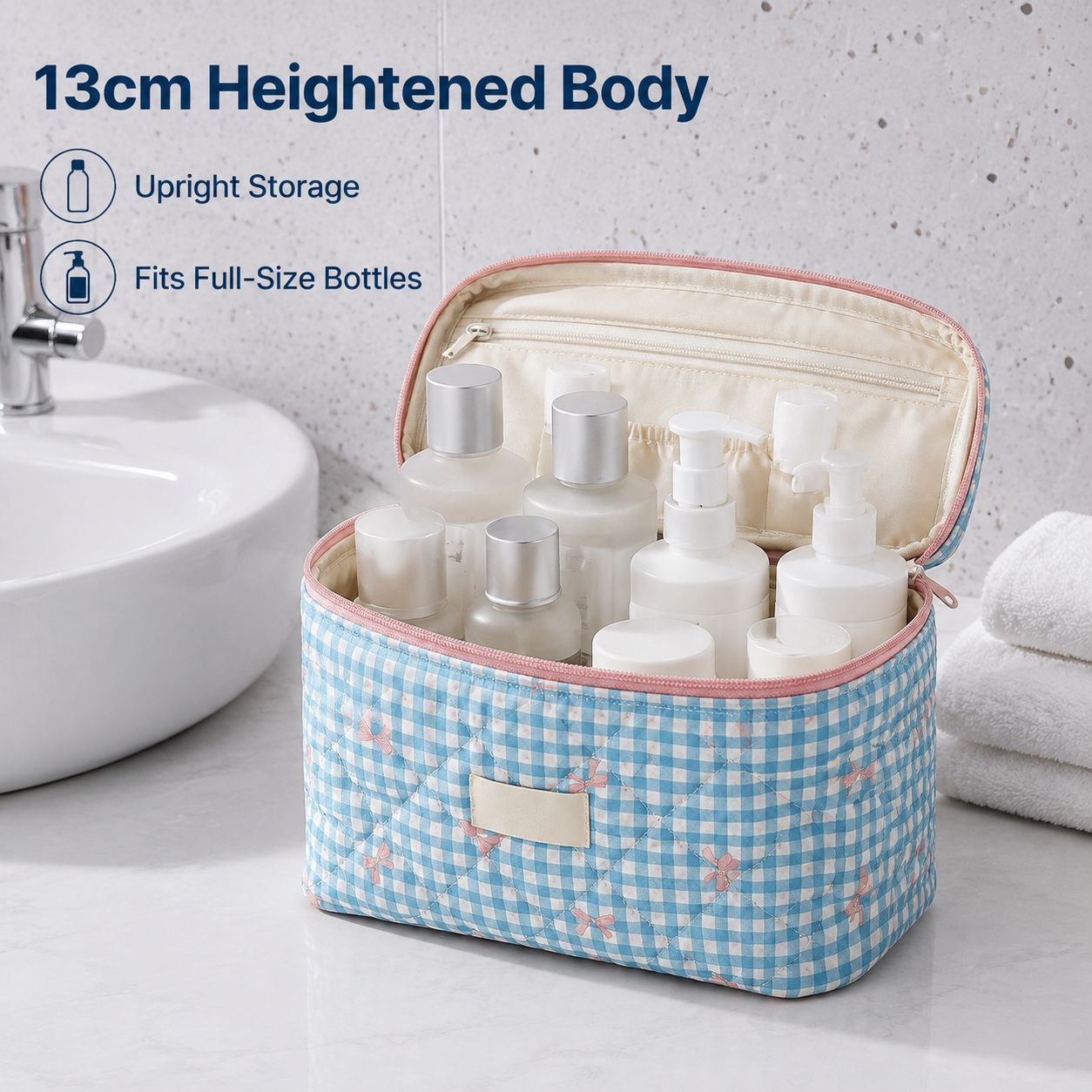 Large Capacity Plaid Makeup Bag for Students Portable Travel Toiletry Organizer