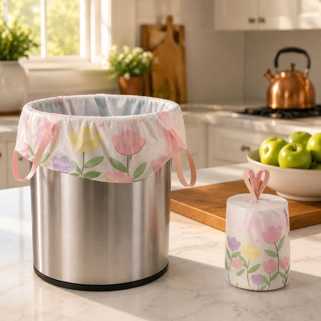 Tulip-shaped garbage bags with drawstring, thickened handle, for kitchen waste, automatic closure, p