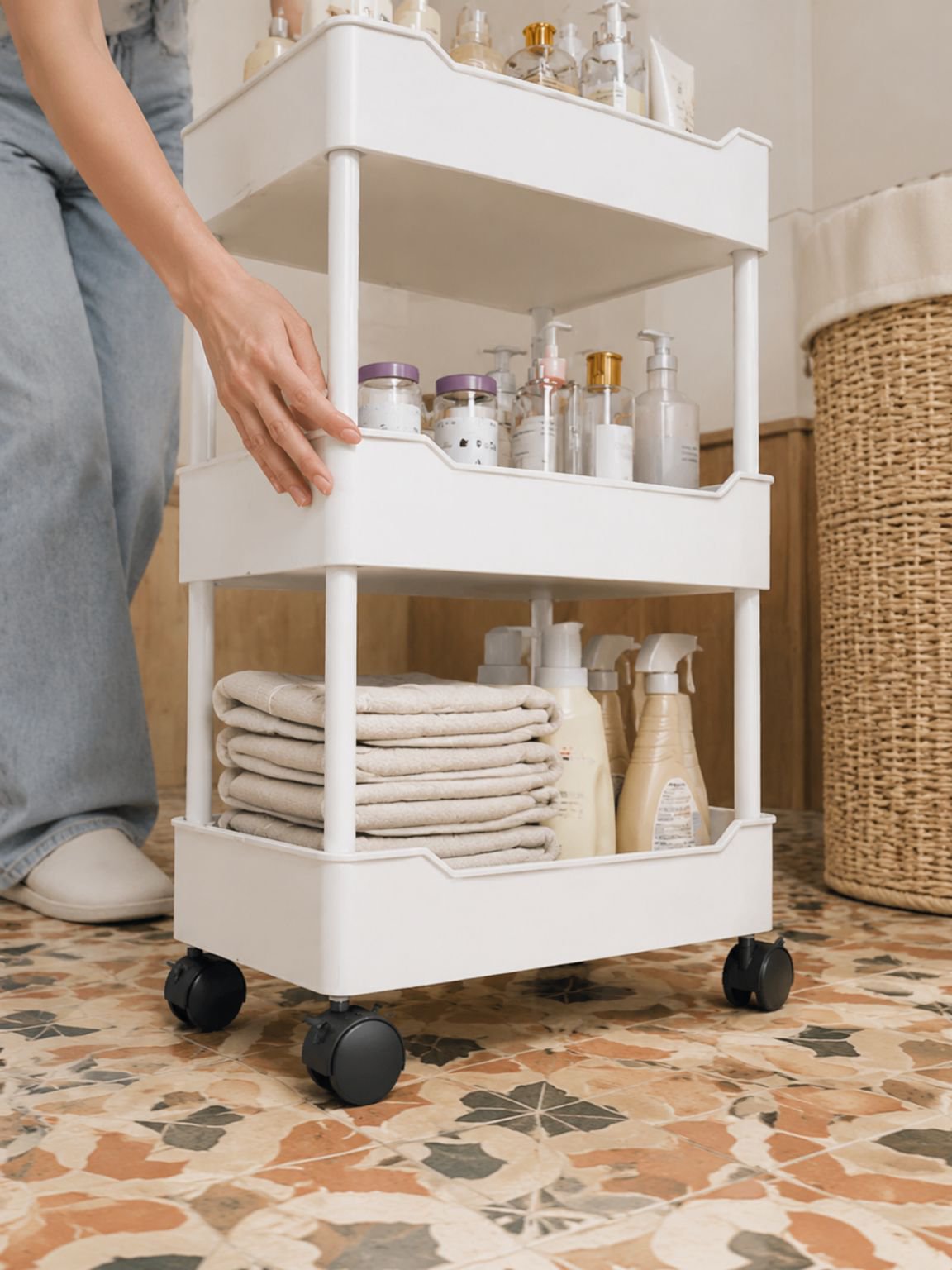 Detalle de los estantes del carro de baño