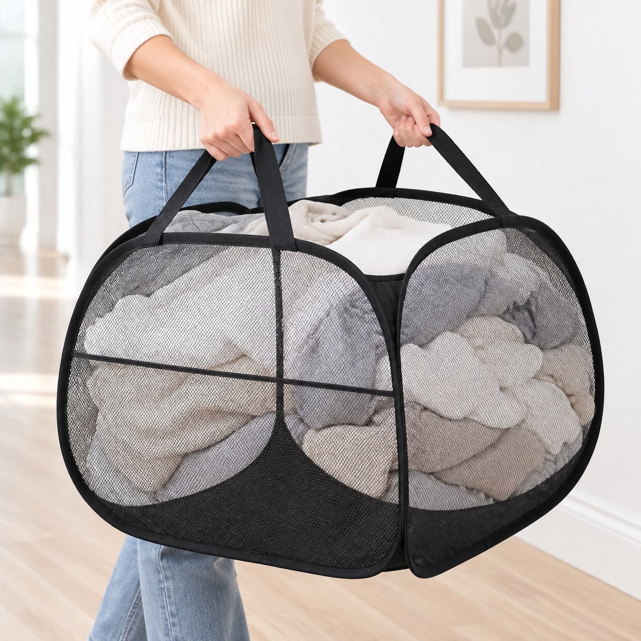 Cesta de ropa sucia plegable de gran capacidad de 90L, cesta de ropa sucia de gran apertura, cesta d