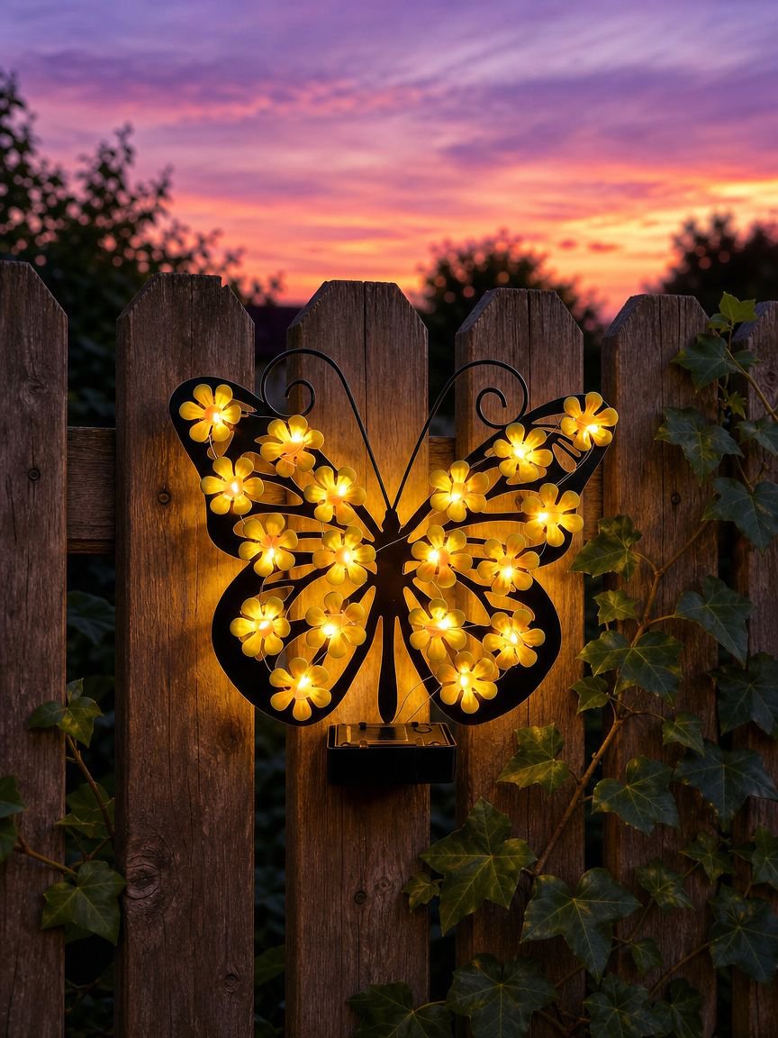 Colorful butterfly solar wall lamp enhancing yard landscape
