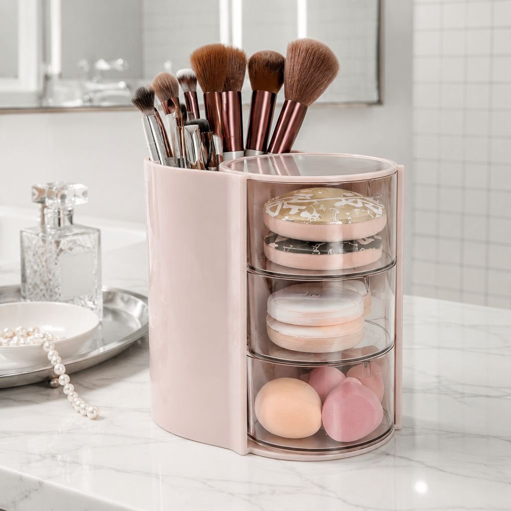 Vanity Desktop Rotating Puff & Makeup Brush Dustproof Storage Box