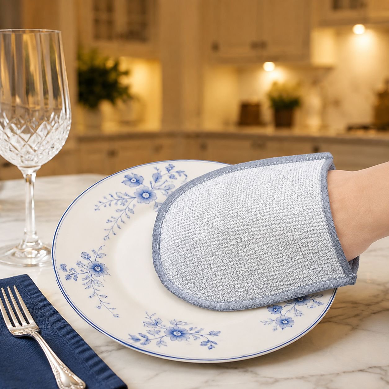 Reusable waterproof kitchen cleaning cloth in use