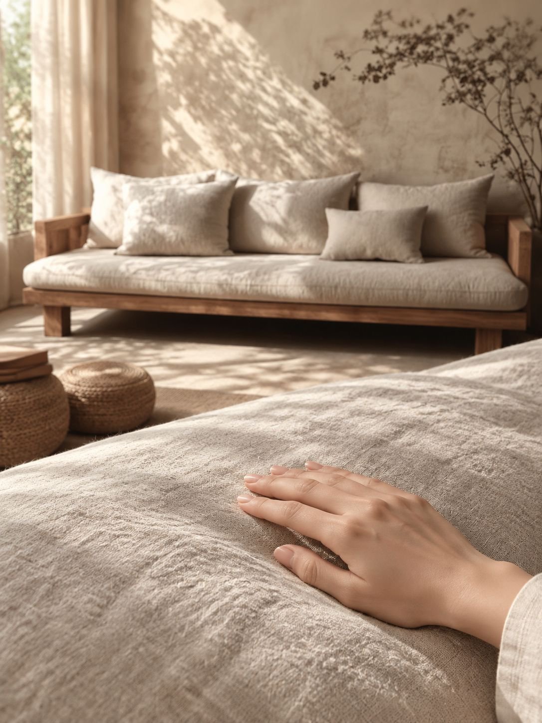 Minimalistisches Wabi-Sabi-Dreisitzer-Sofa aus Massivholz