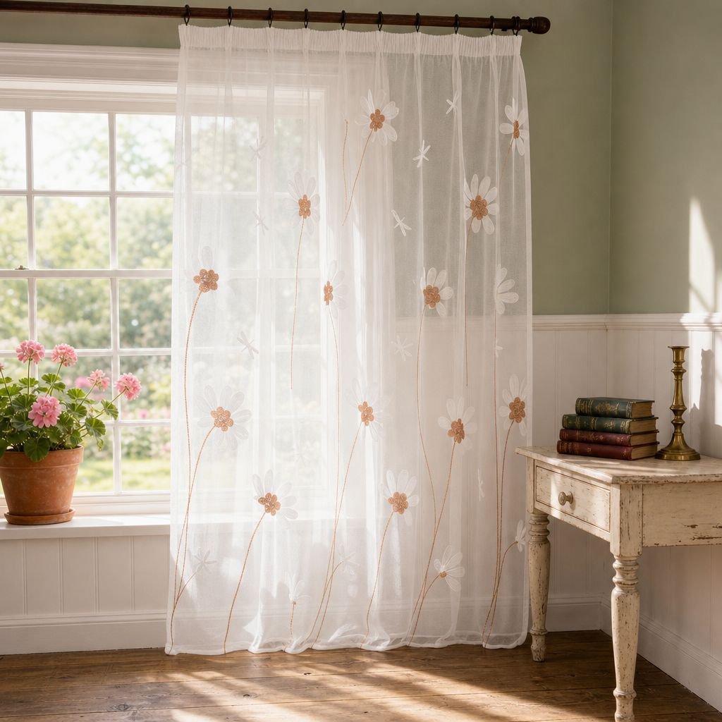 Window screen with chrysanthemum embroidery, simple and transparent modern fabric, suitable for livi