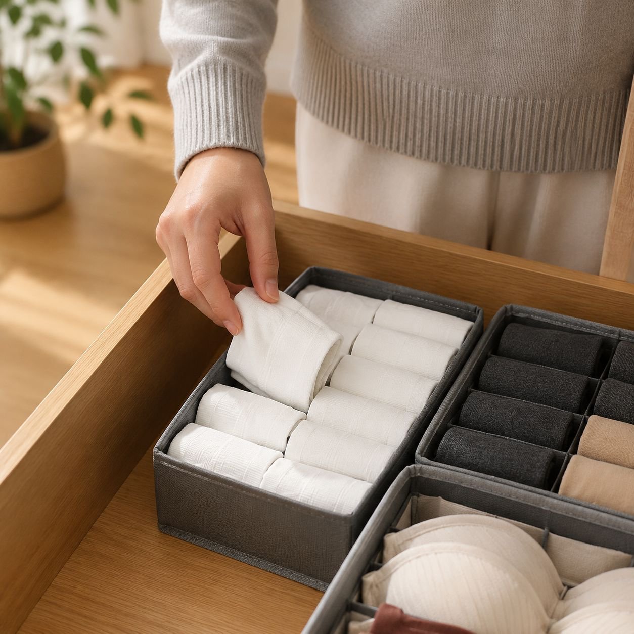 Household organizer box holding socks and bras