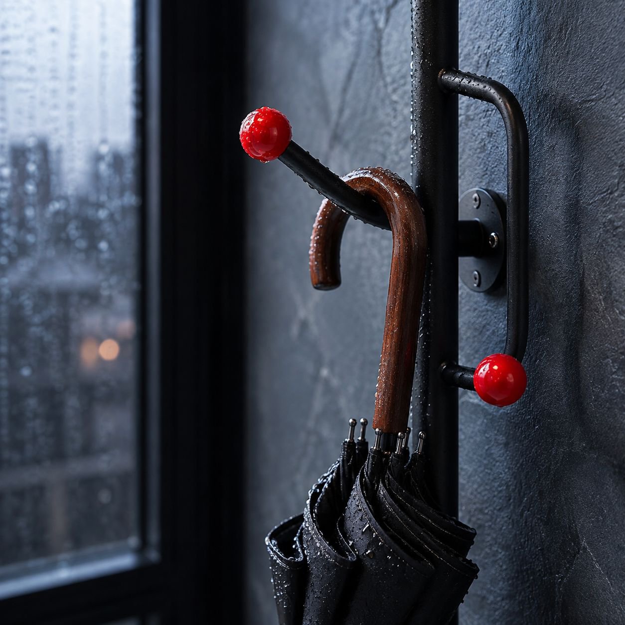 Close-up of adhesive backing on wall-mounted coat rack