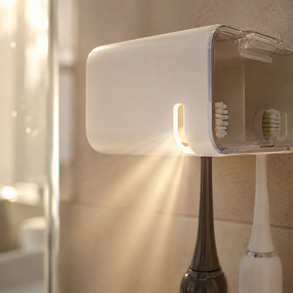 Close-up of dustproof lid on toothbrush holder keeping toothbrushes clean