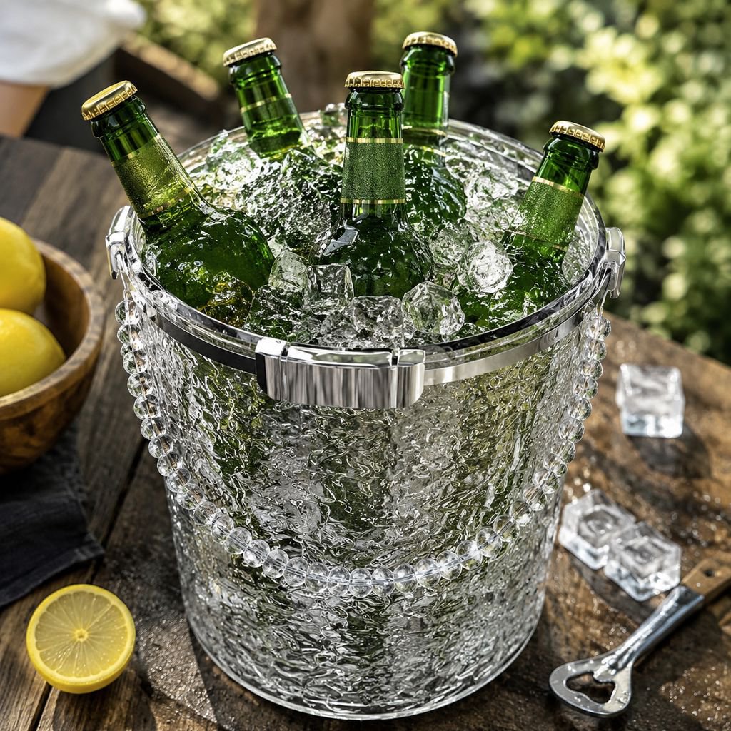 Large capacity outdoor ice bucket filled with drinks and ice