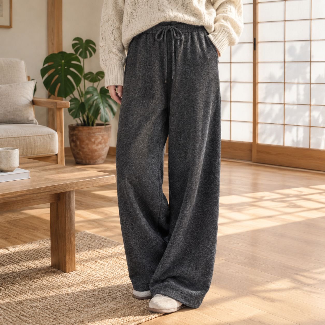 裏起毛ヘリンボーンハイウエストワイドカジュアルパンツ