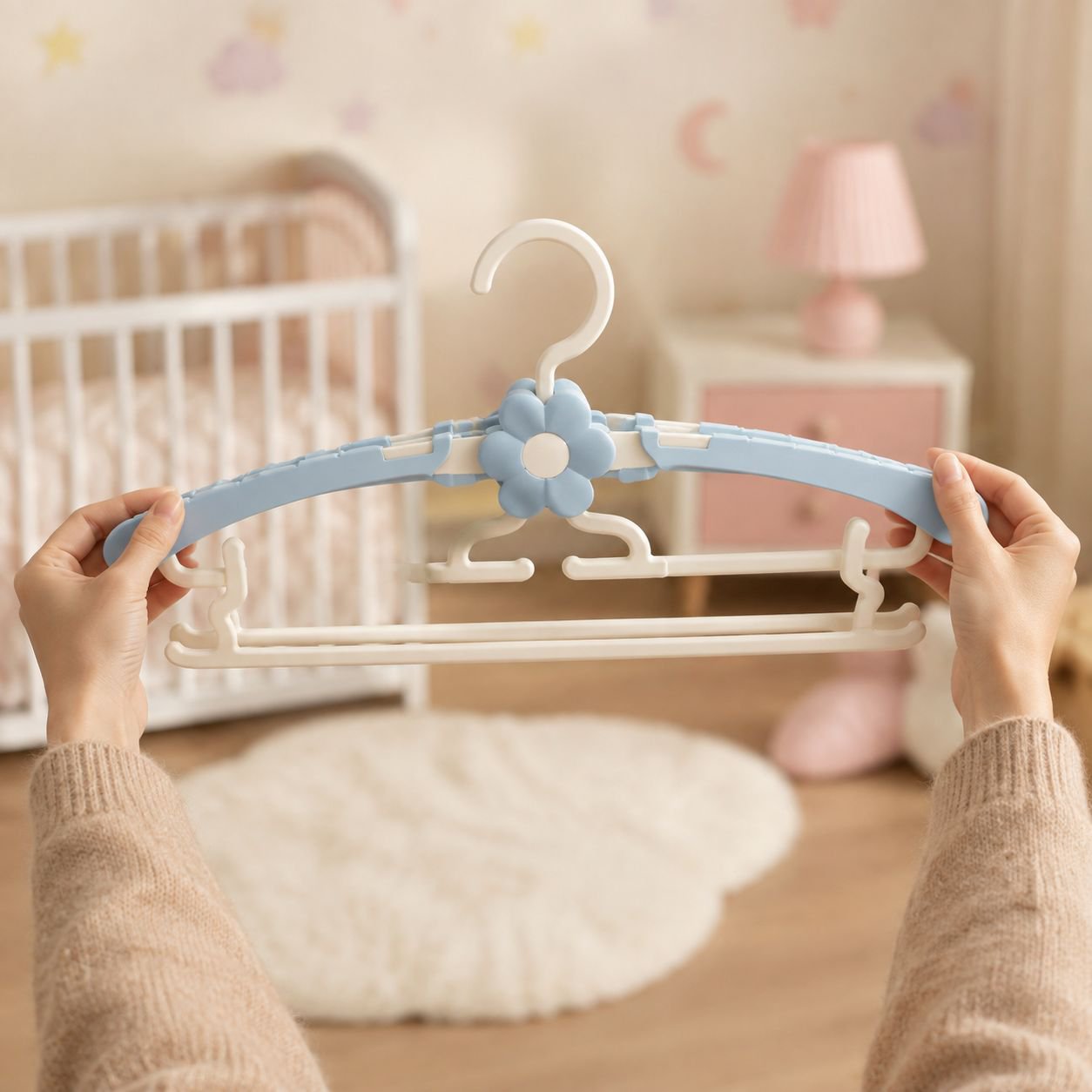 Close-up of thickened baby hanger with no-mark design