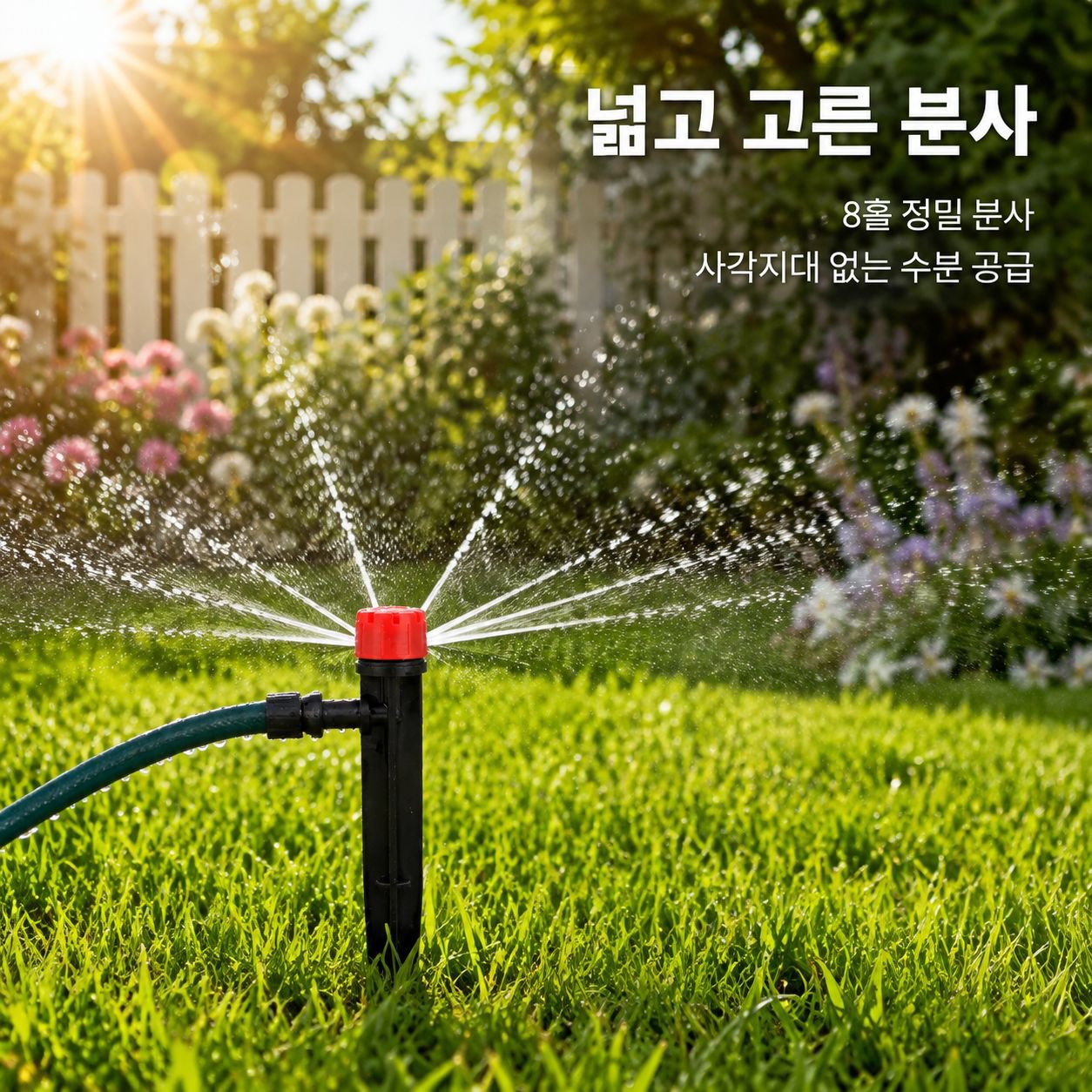 땅에 고정하는 화분형 용기에 방사형 물 분사 헤드가 장착되어 있습니다.