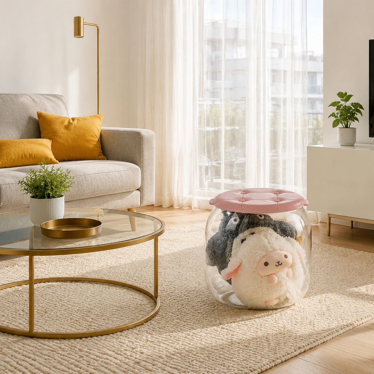 Plush toy storage box in living room setting