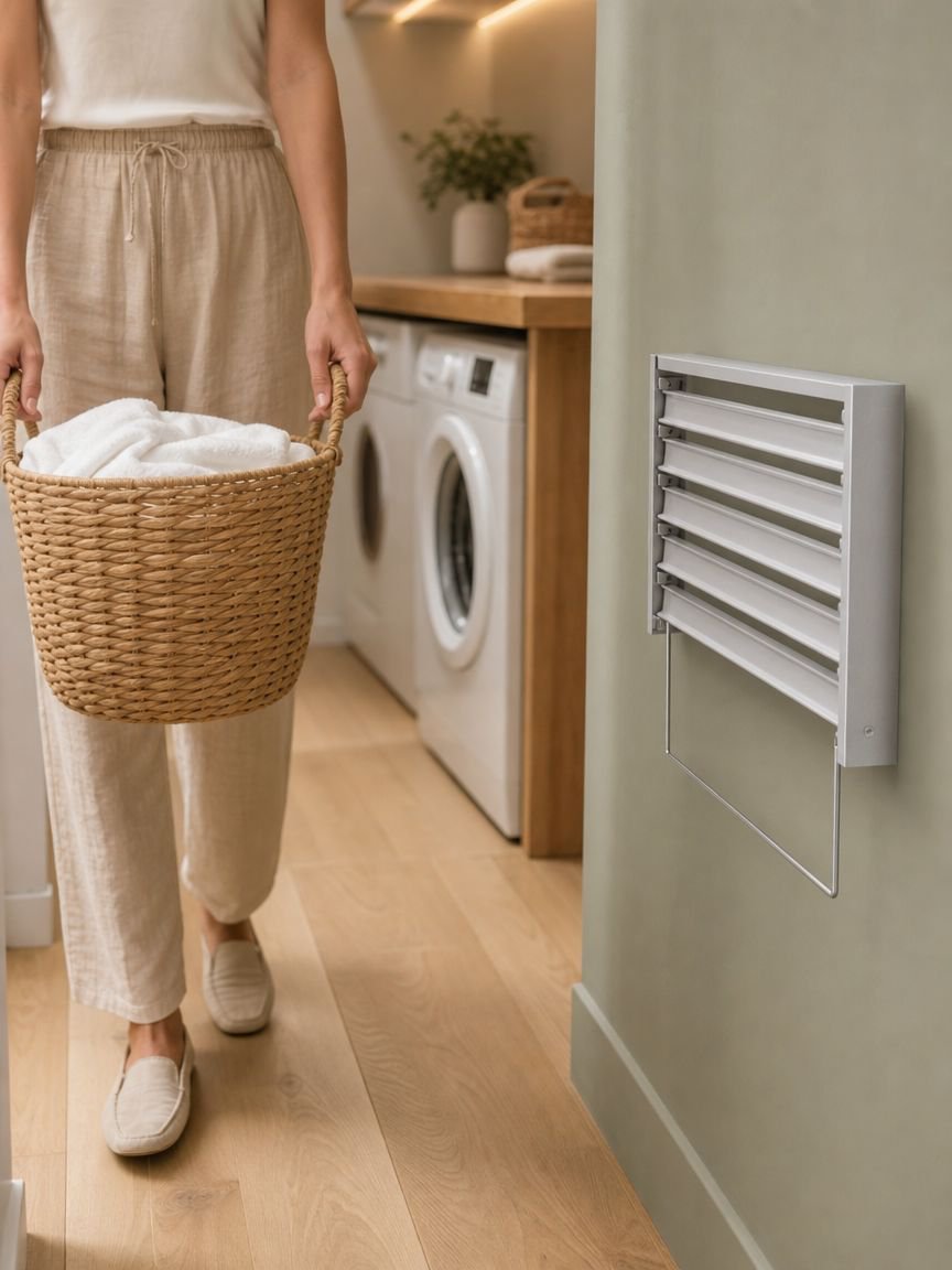 Compact clothes rack folded against the wall