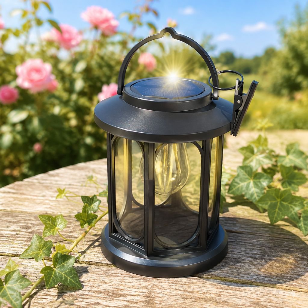 Solar Hanging Retro Garden Light illuminating outdoor patio
