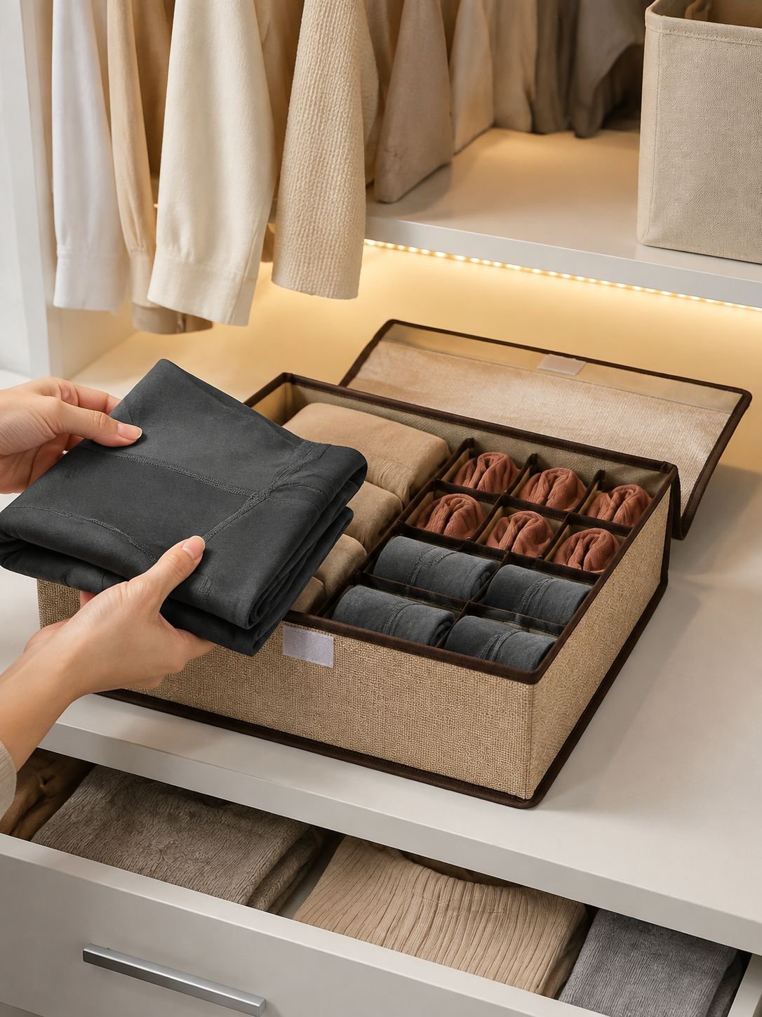 Wardrobe storage box with elegant lid