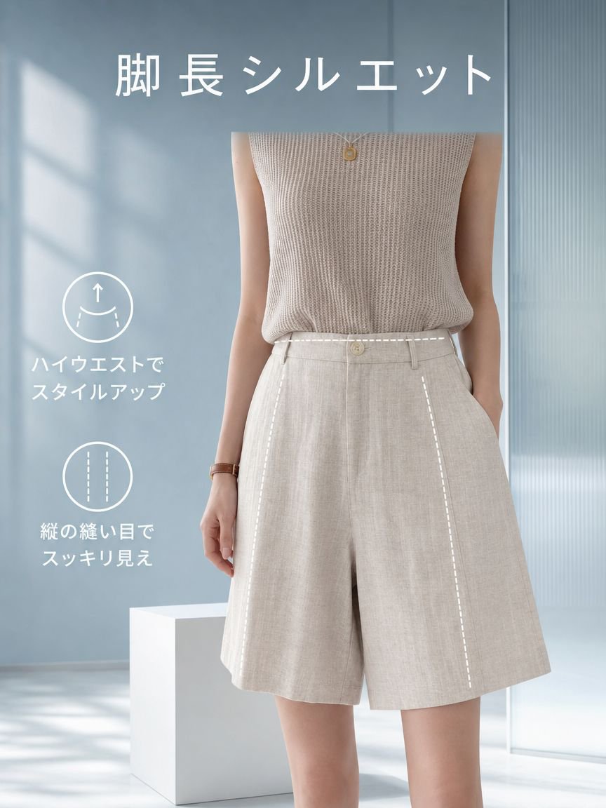 夏用レディーススリム快適ストレートショートパンツ全体像