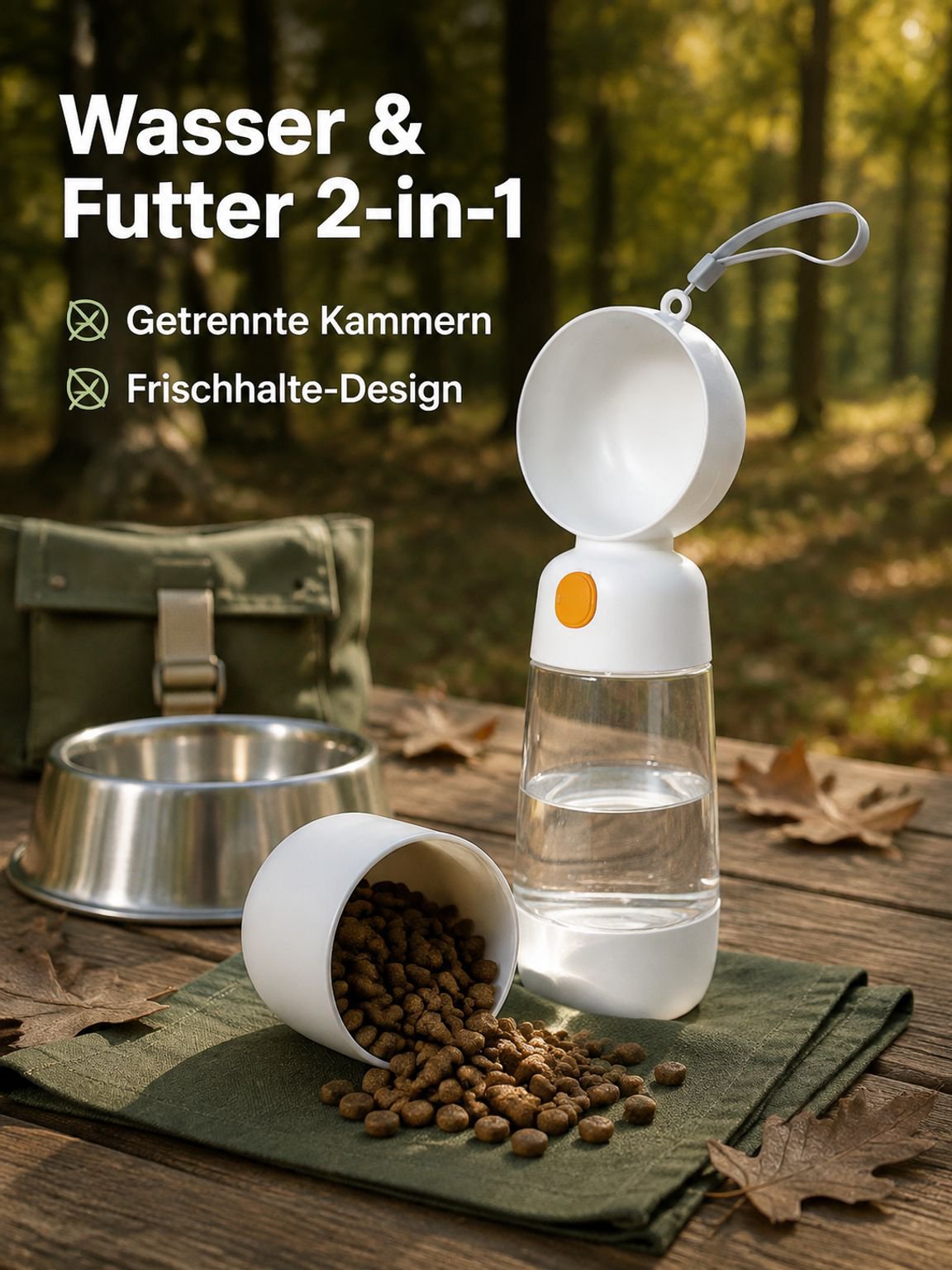 Tragbare Outdoor-Wasserflasche für Hunde mit Futteraufbewahrung